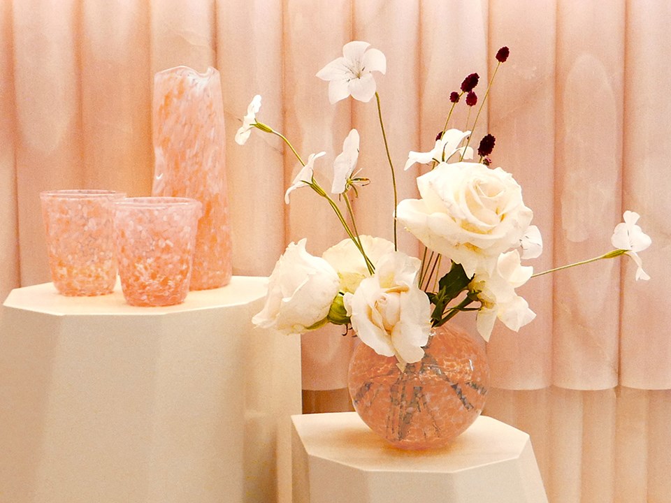 Presentation of vases, floral arrangements, and glass works as part of Claridge's collaboration with CURIO.