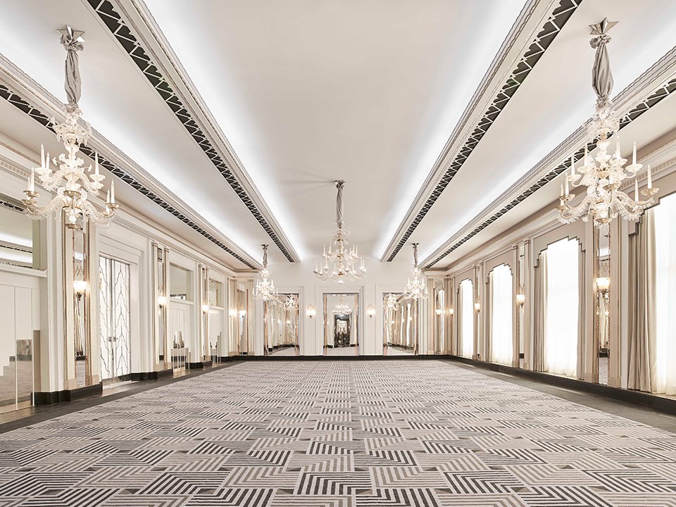 A view of the empty Ballroom at Claridge's Hotel, with its art deco interior design and luxurious crystal chandeliers.
