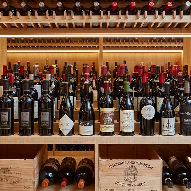 A view of the arranged wine collection, which is on a shelf in Claridge's wine cellar.