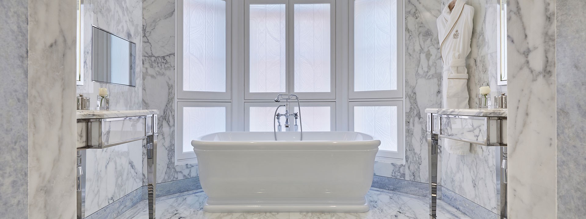 Prince Alexander Suite at Claridge's - marble bathroom with bathtub.