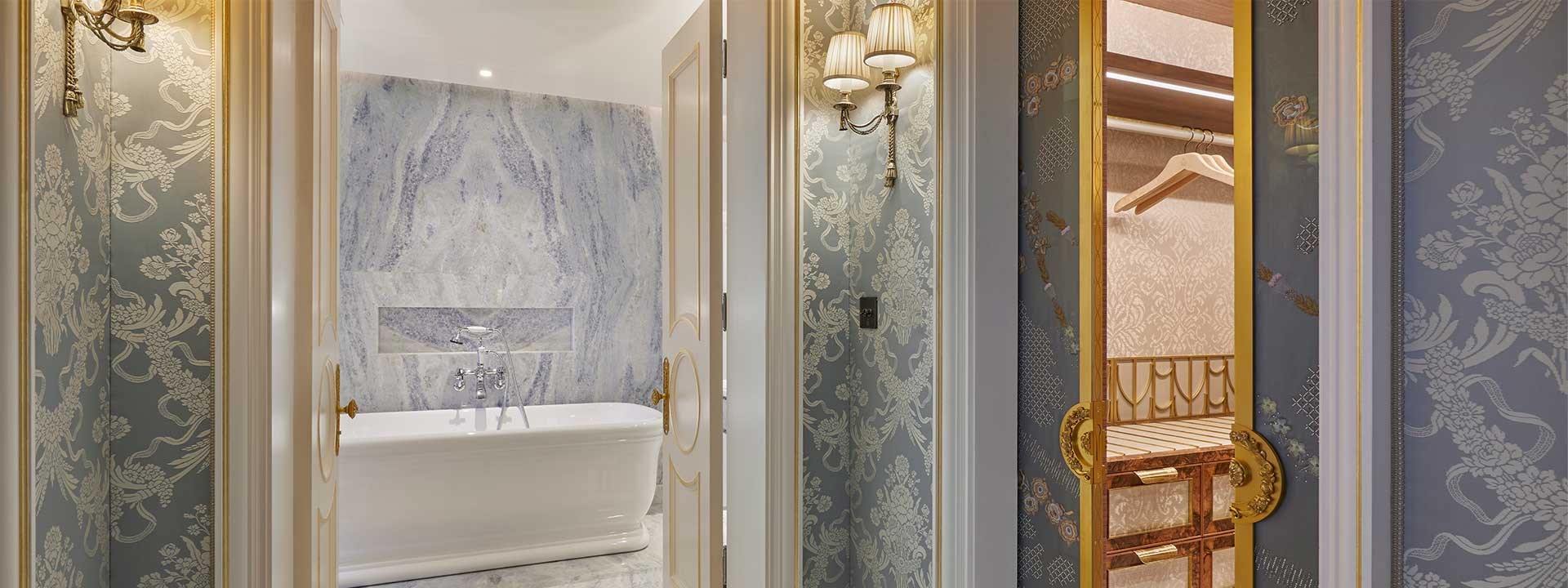 Royal Suite at Claridge's - bathroom view with pattern on the wall.