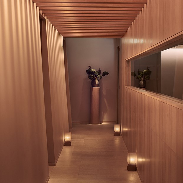 A view of a warm corridor with a flower arrangement, and a soothing atmosphere in Claridge's Spa.