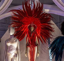 Bright feathered flamboyant costumes stand on a manekins in the museum