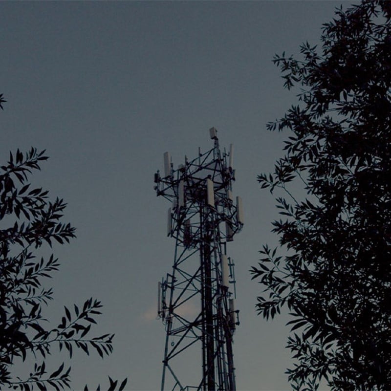 Telecommunications tower with antennas, partially framed by tree branches against the sky.