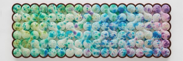 Abstract artwork featuring a horizontal grid of interconnected, rounded shapes in a gradient of pastel hues from green to blue and purple, framed with a scalloped brown border