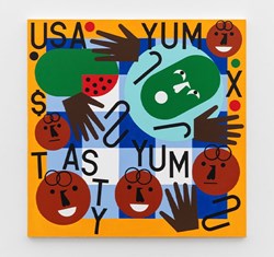 Bold, graphic painting with cartoon-style red and green faces, black hands, and scattered text including 'USA', 'YUM', and 'TASTY', set against a checkered blue and white background with an orange border.