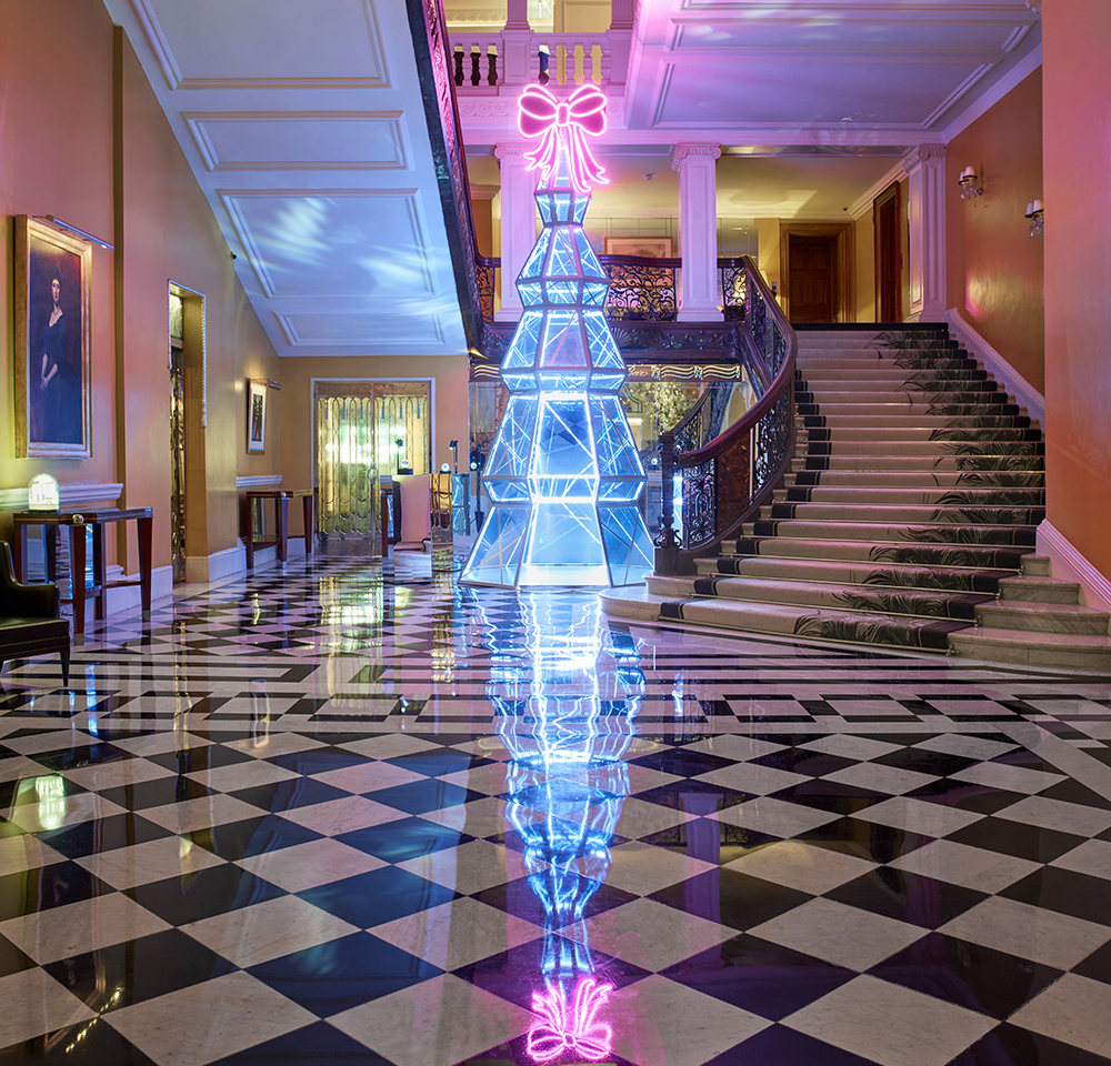 Christmas tree in Claridge's lobby, designed by Sandra Choi for Jimmy Choo