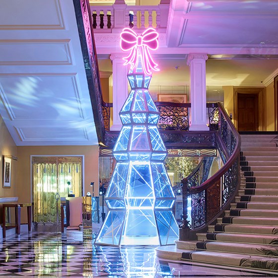 Christmas tree in Claridge's lobby, designed by Sandra Choi for Jimmy Choo