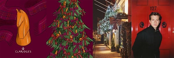 Collage: an illustrated wooden horse with tartan patterns, a Christmas tree decorated with tartan bows, and Claridge’s entrance lit with festive bows at night.