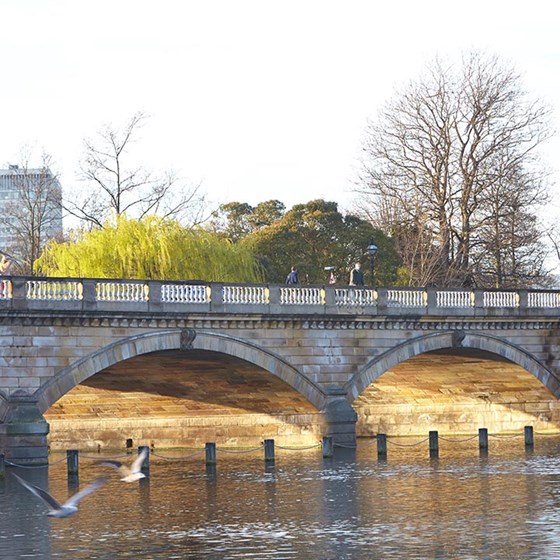 A view of the Serpentine Bridge where hotel guests can stroll and enjoy the view of nature.