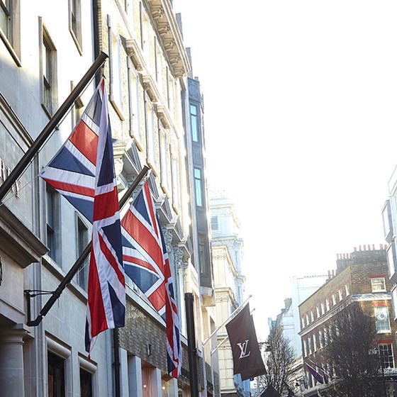 A view of the flags flying on the buildings, in the parts of the city where guests can walk around and enjoy the sights.