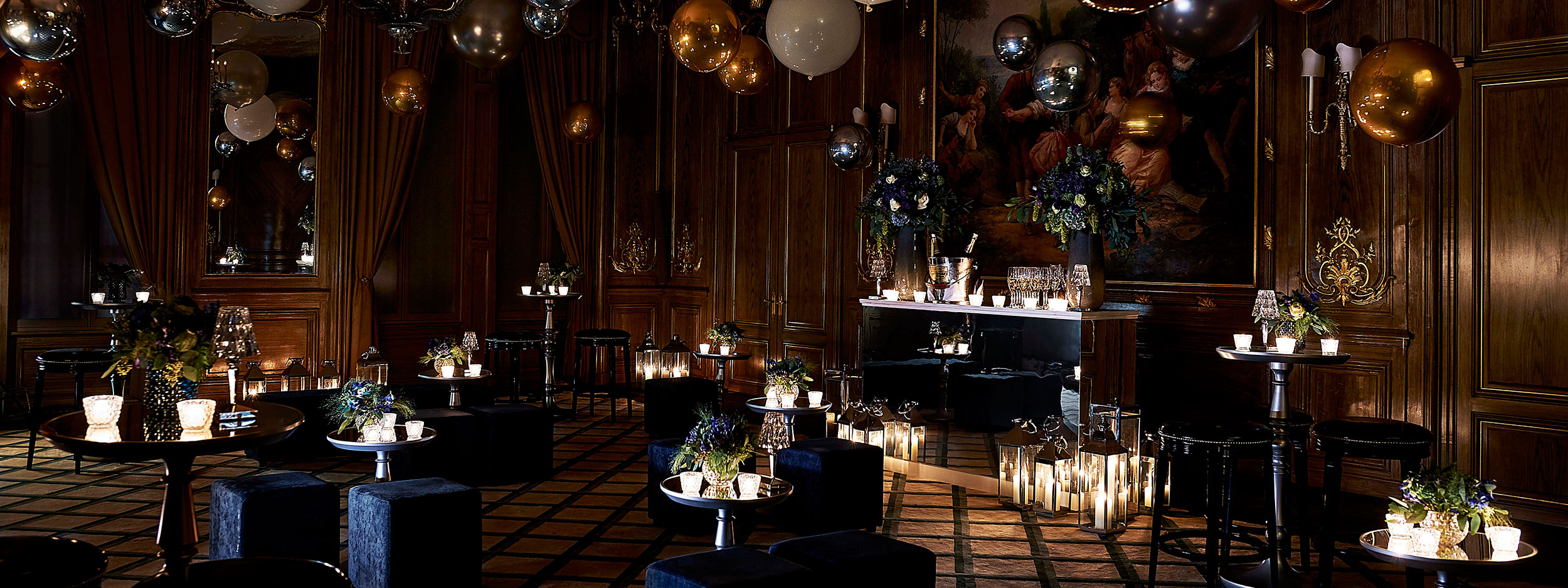 The setting for a salon party, with balloons and a warm atmosphere in the French Salon.