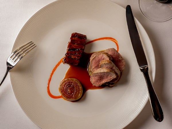 Plated gourmet dish featuring sliced medium-rare meat, grilled onion, sauce swirl, and steak portion on white textured plate.