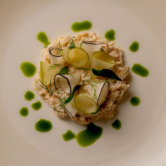A refined plate of crab salad, artfully garnished with thinly sliced radish, green herbs, and vibrant dots of herb oil, creating a visually stunning and sophisticated dish.