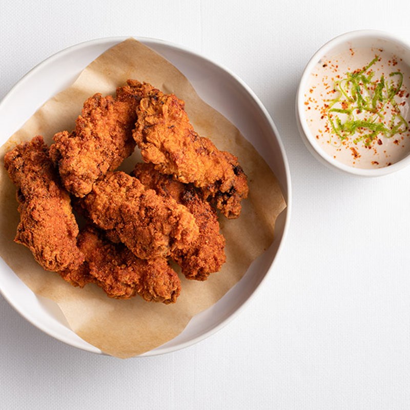 Claridge's fried chicken with dip at Davies and Brook restaurant in Mayfair