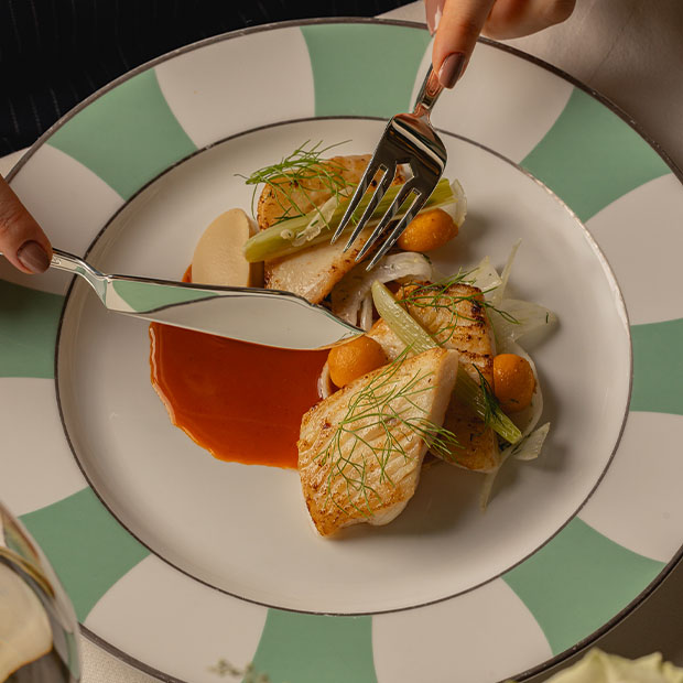 Seared white fish with baby vegetables and fennel on a white and green plate.
