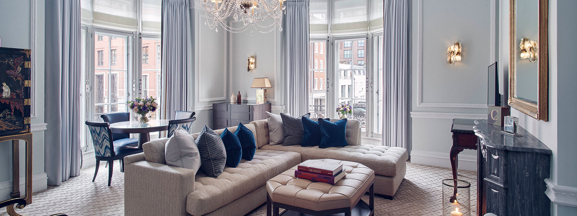 A view of part of the Corner Suite, which exudes luxury through beige and blue tones of materials.