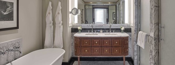 Bathroom at The Mayfair Pavilion, at Claridge's Hotel, complete in Calcite Azul Quartzite stone