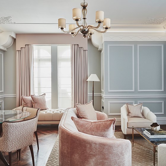 Soft pink and blue pastel colours in golden age deco and Victorian elegance in the Mayfair Terrace Suite interior.