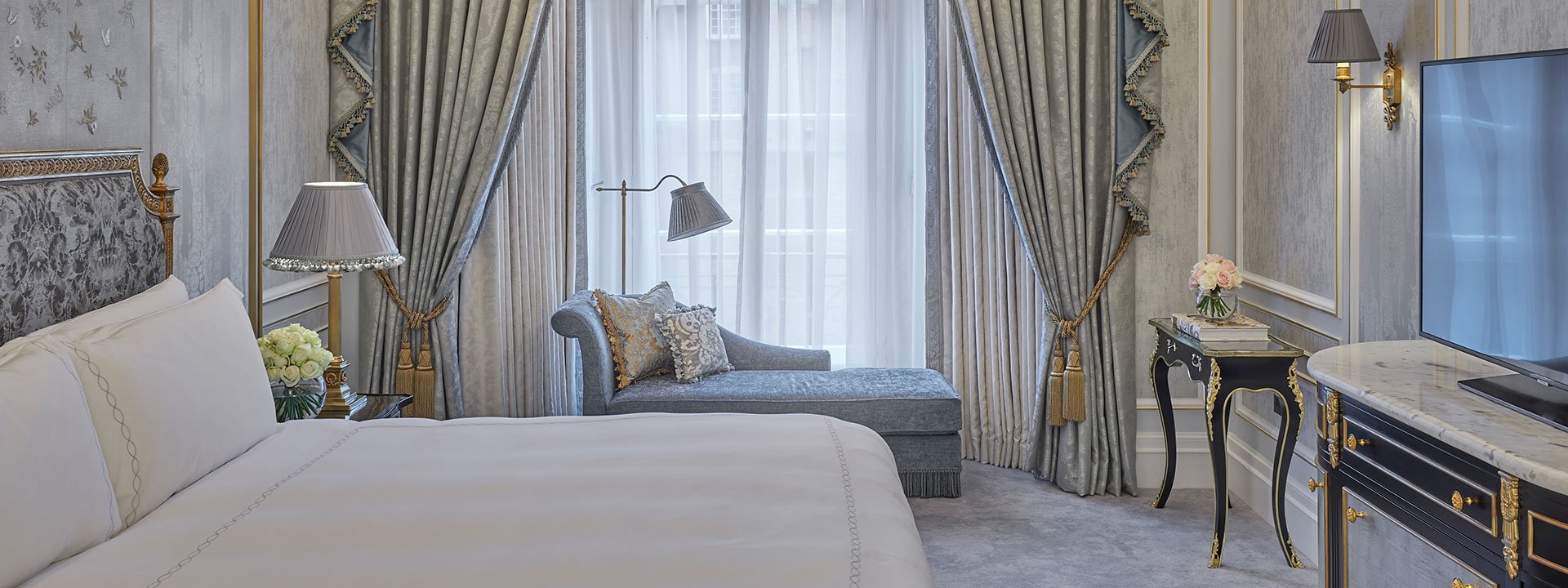 Part of the Mayfair Suite showcases a rich palette of fabrics and materials in Art Deco and traditional motifs.