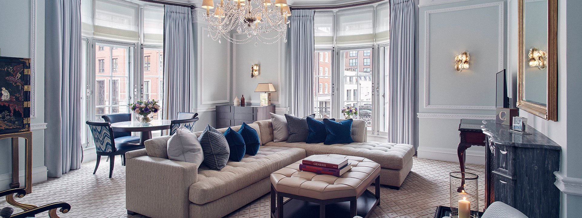 A view of part of the Corner Suite, which exudes luxury through beige and blue tones of materials.