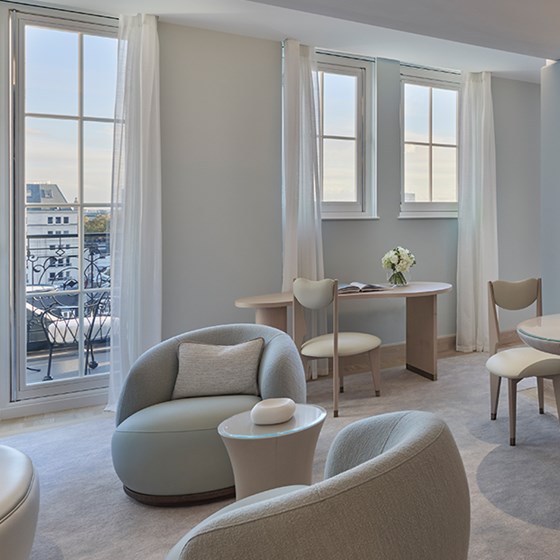 Contemporary minimalist interior design with comfortable furniture in the Terrace Junior Suite.
