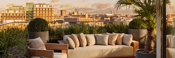 Outdoor terrace lounge with cushioned seating, potted greenery, and views of the London skyline at golden hour.