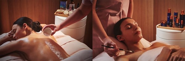 Two images of a woman receiving a salt scrub and a cream mask in a warm wood-paneled spa room.