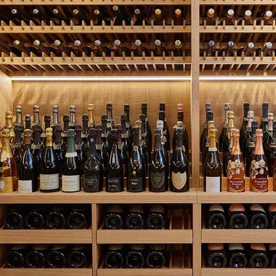 A presentation of different types of wine is arranged on a shelf in the wine cellar of Claridge's Hotel.